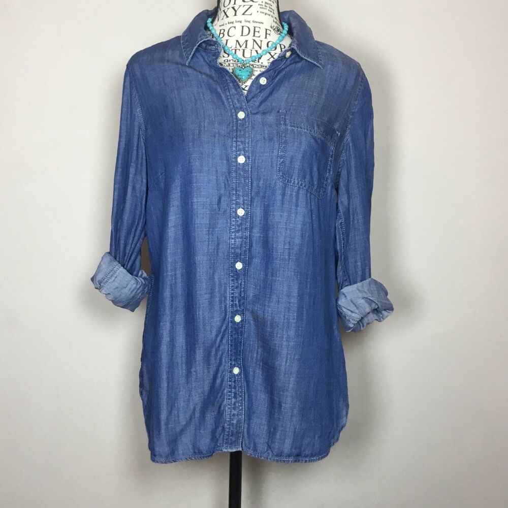 Blue denim button down shirt western Cowgirl country southern ranch Lyocell S
